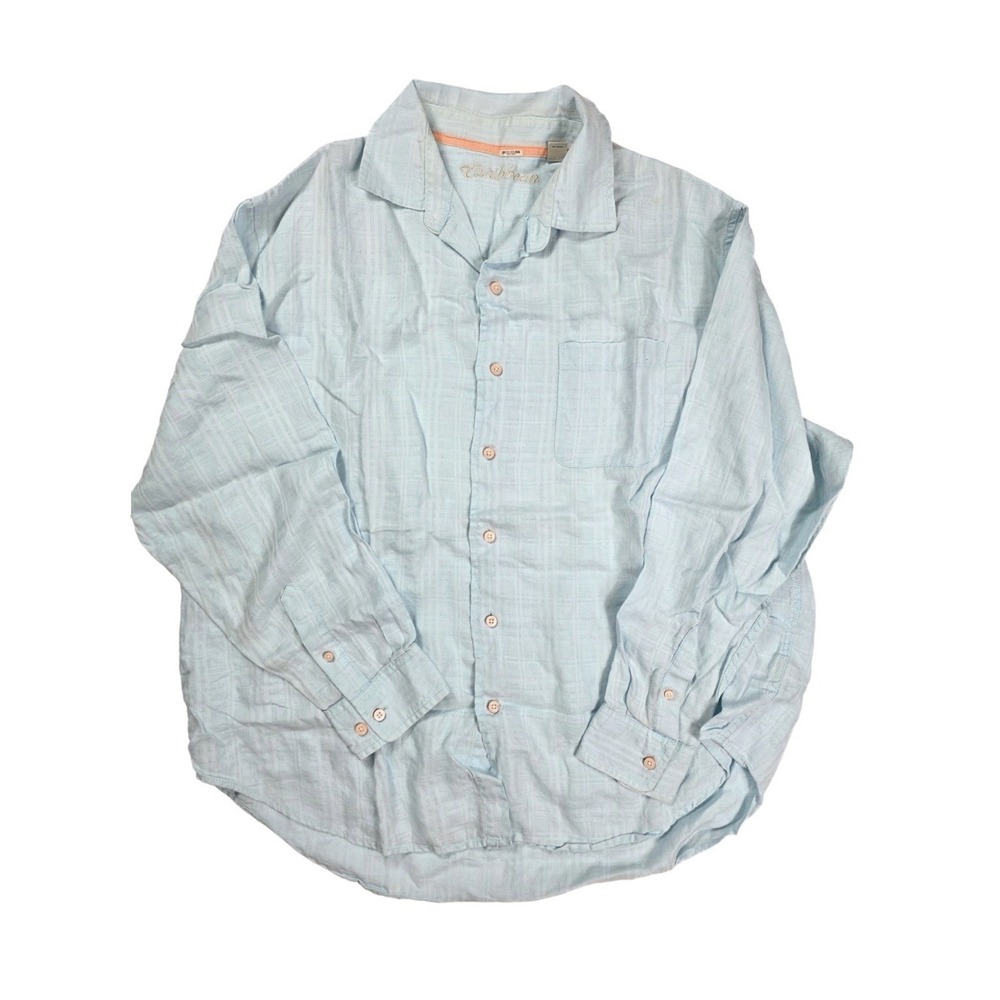Caribbean Pastel Blue Linen Blend Long Sleeve Button Up‎ Shirt Men's Size XL